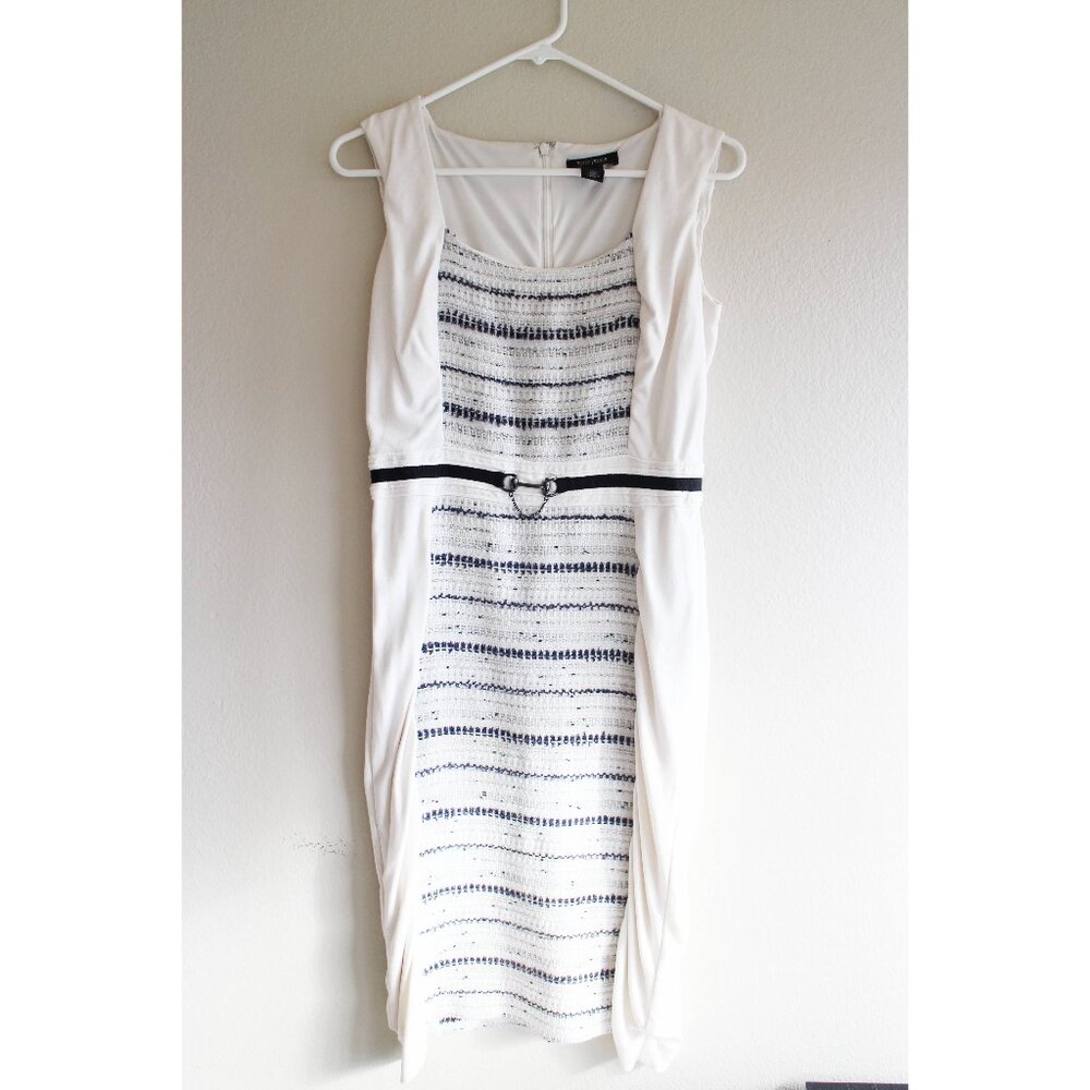 White House Black Market Tweed Sheath Dress Sleeveless Cream Black Silver Size 2